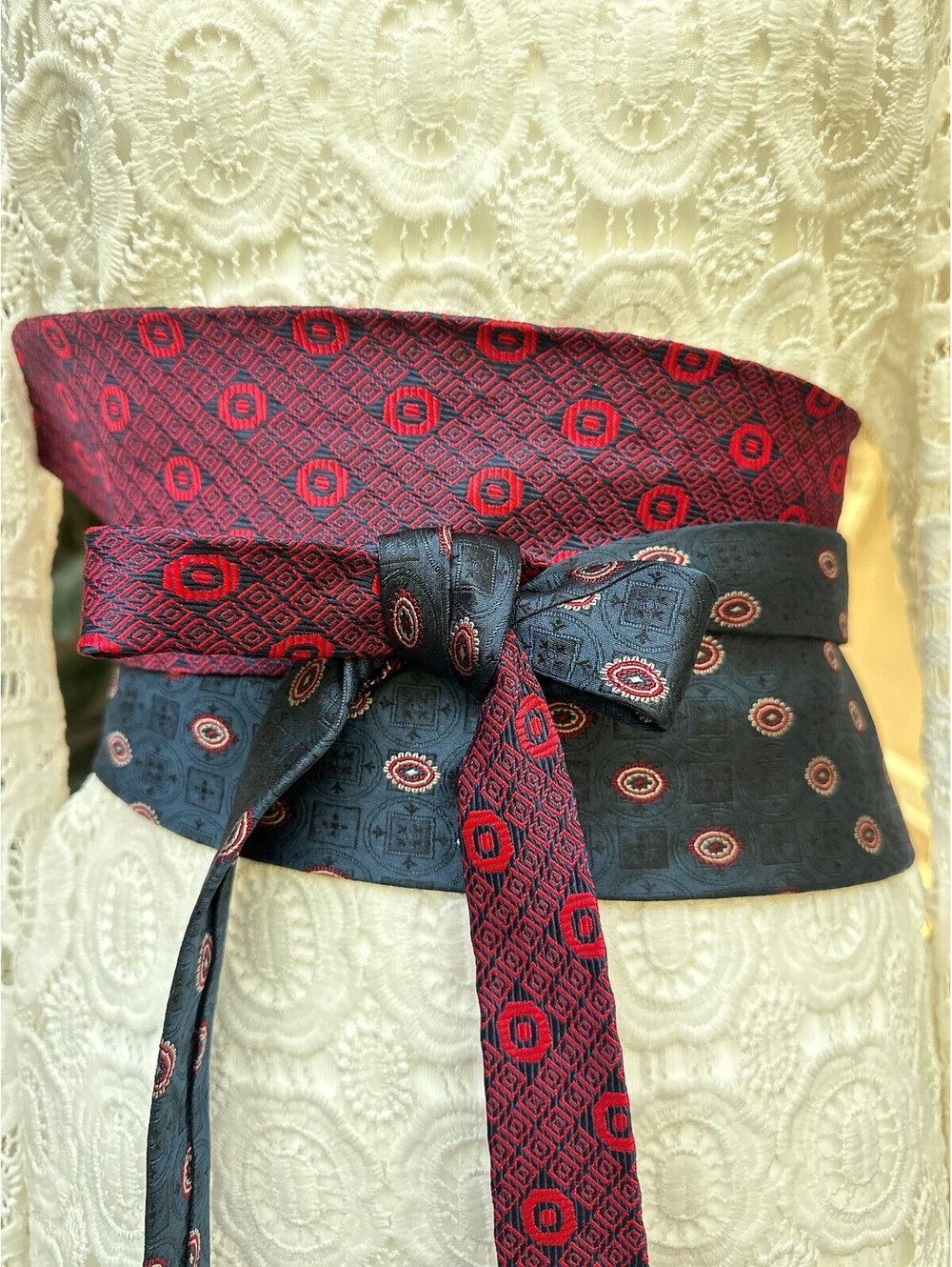 Upcycled Navy and Burgundy Silk Corset Obi Waist Belt | OOAK | OS